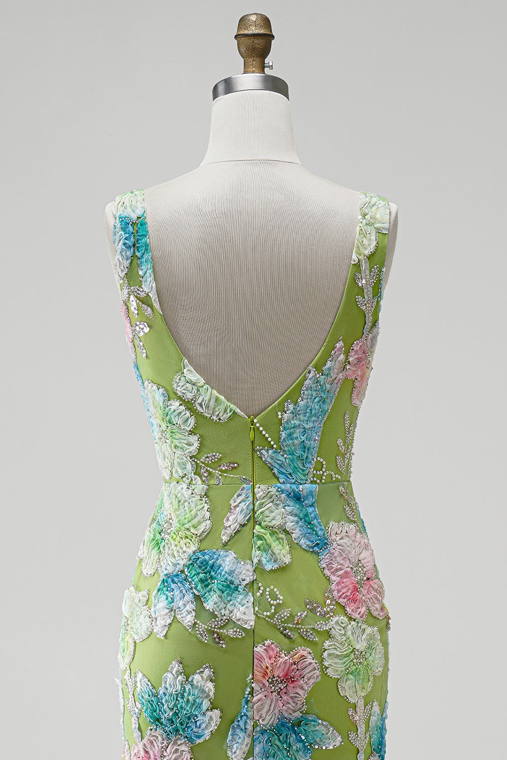 Green Floral Beaded Mermaid Long Prom Dress with Slit