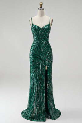 Sparkly Dark Green Sequin Floral V-Neck Mermaid Long Prom Dress with Slit