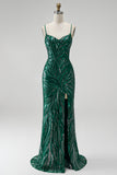 Sparkly Dark Green Sequin Floral V-Neck Mermaid Long Prom Dress with Slit
