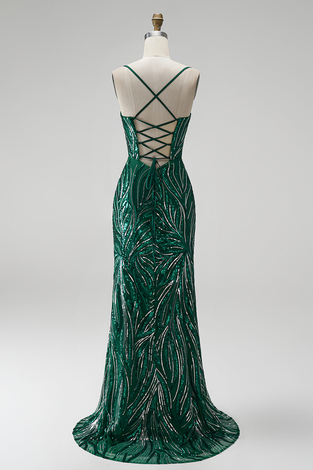 Sparkly Dark Green Sequin Floral V-Neck Mermaid Long Prom Dress with Slit