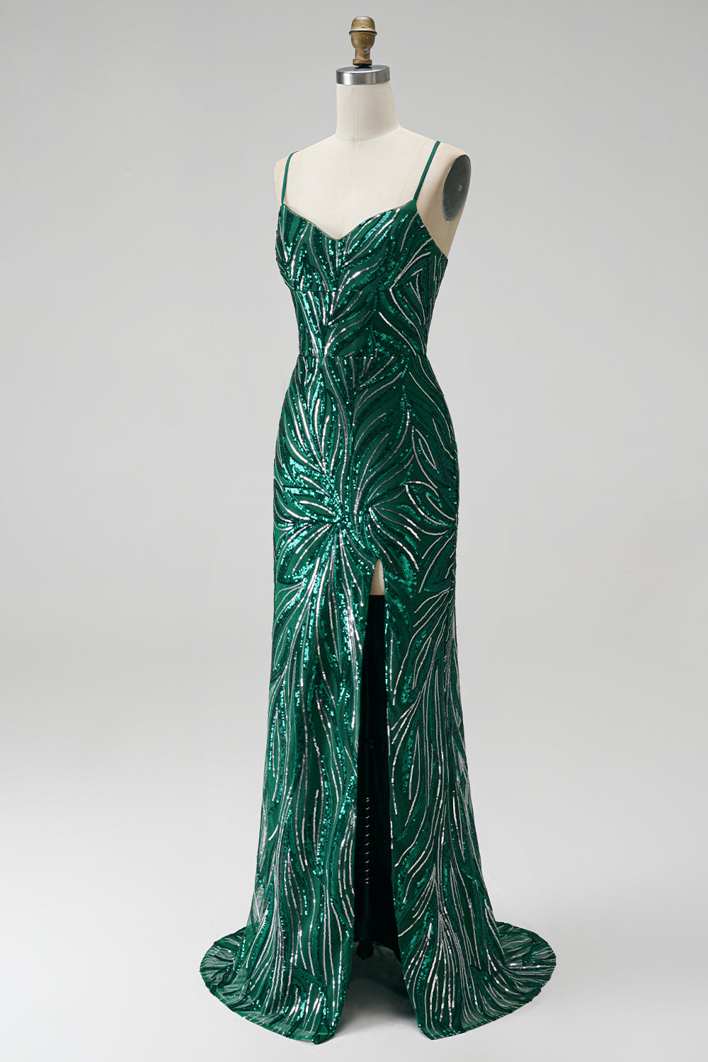 Sparkly Dark Green Sequin Floral V-Neck Mermaid Long Prom Dress with Slit
