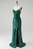 Sparkly Dark Green Sequin Floral V-Neck Mermaid Long Prom Dress with Slit