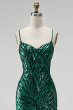 Sparkly Dark Green Sequin Floral V-Neck Mermaid Long Prom Dress with Slit