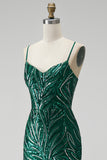 Sparkly Dark Green Sequin Floral V-Neck Mermaid Long Prom Dress with Slit