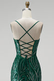 Sparkly Dark Green Sequin Floral V-Neck Mermaid Long Prom Dress with Slit