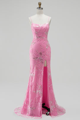 Hot Pink Mermaid Beaded Sequin Floral Long Prom Dress with Slit