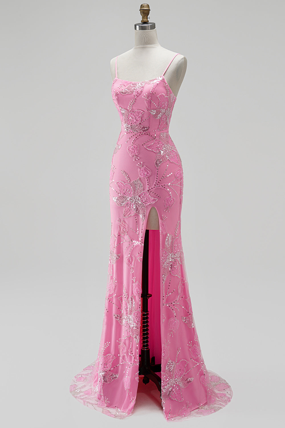 Hot Pink Mermaid Beaded Sequin Floral Long Prom Dress with Slit