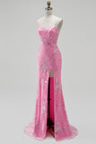 Hot Pink Mermaid Beaded Sequin Floral Long Prom Dress with Slit