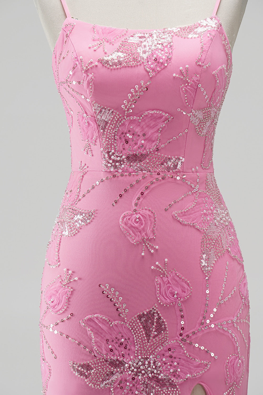 Hot Pink Mermaid Beaded Sequin Floral Long Prom Dress with Slit