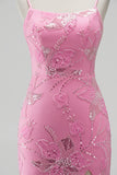 Hot Pink Mermaid Beaded Sequin Floral Long Prom Dress with Slit