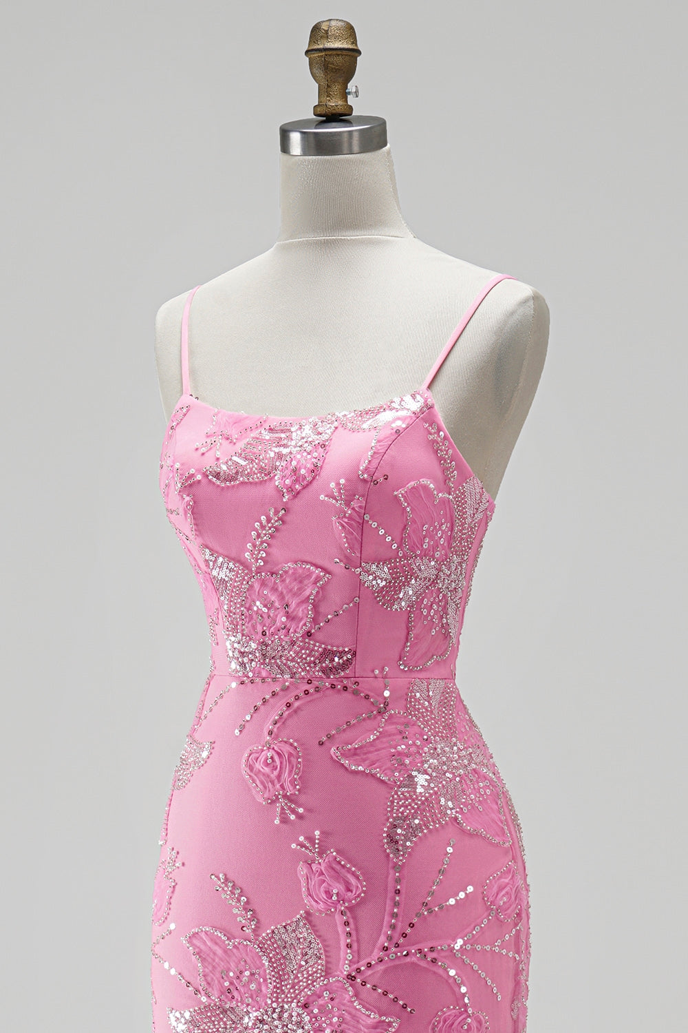 Hot Pink Mermaid Beaded Sequin Floral Long Prom Dress with Slit