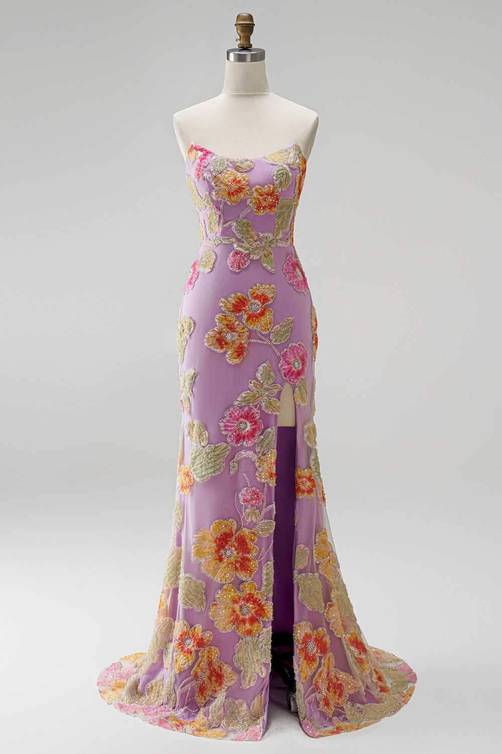 Purple Mermaid Strapless Floral Beaded Long Prom Dress with Slit