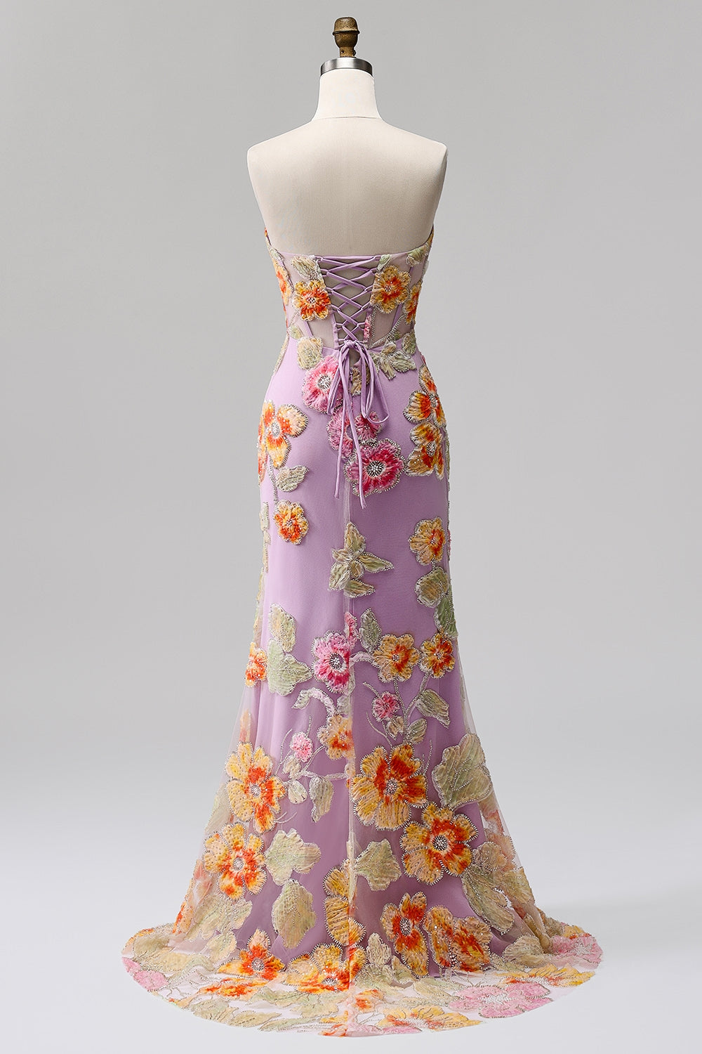 Purple Mermaid Strapless Floral Beaded Long Prom Dress with Slit