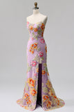 Purple Mermaid Strapless Floral Beaded Long Prom Dress with Slit
