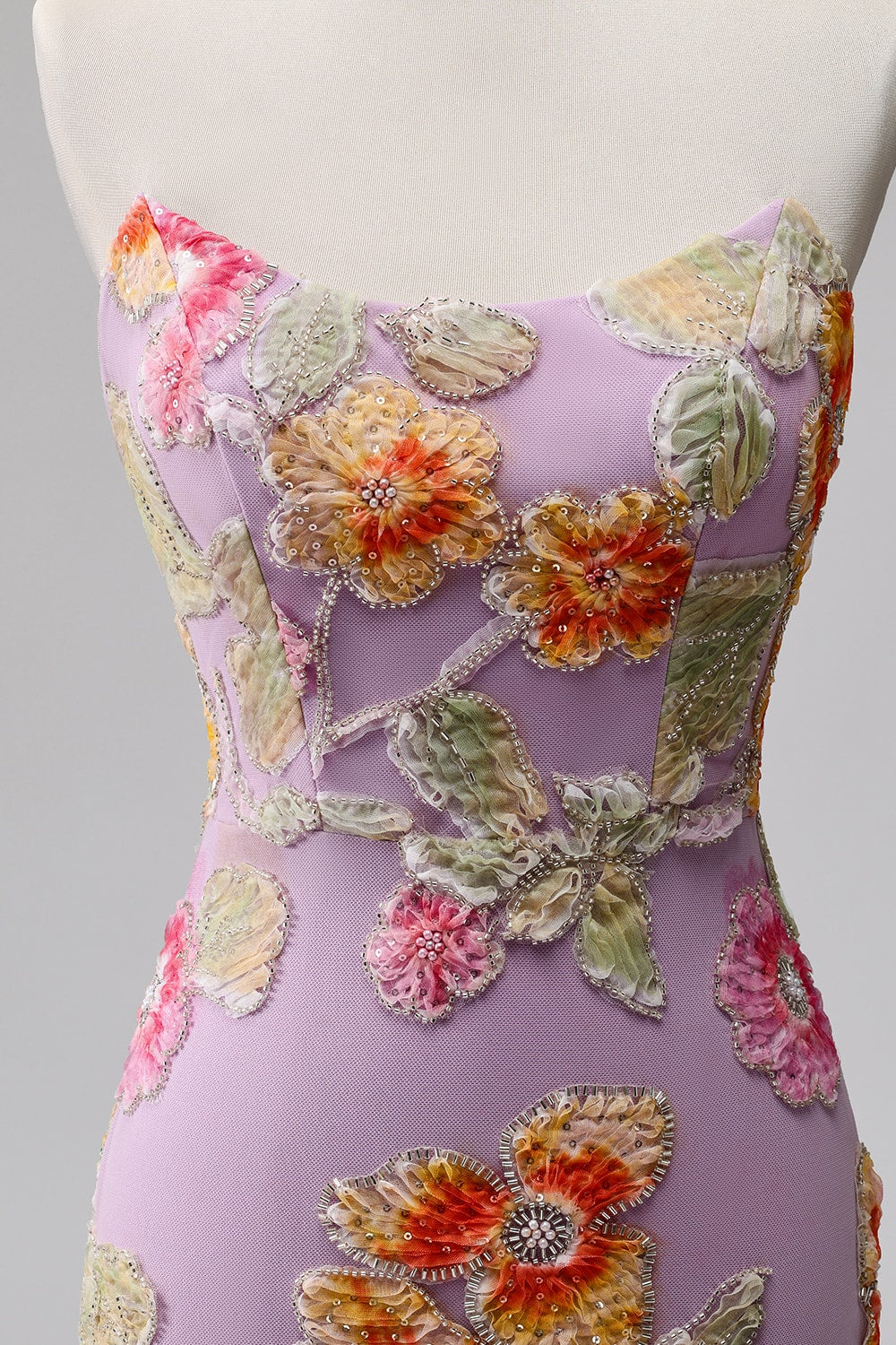 Purple Mermaid Strapless Floral Beaded Long Prom Dress with Slit
