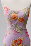 Purple Mermaid Strapless Floral Beaded Long Prom Dress with Slit