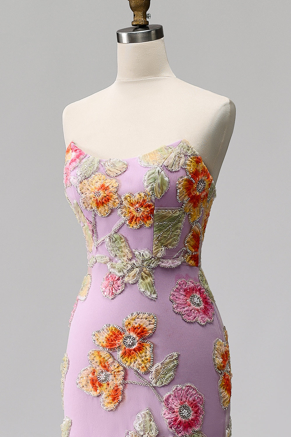 Purple Mermaid Strapless Floral Beaded Long Prom Dress with Slit