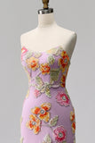 Purple Mermaid Strapless Floral Beaded Long Prom Dress with Slit