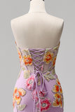Purple Mermaid Strapless Floral Beaded Long Prom Dress with Slit