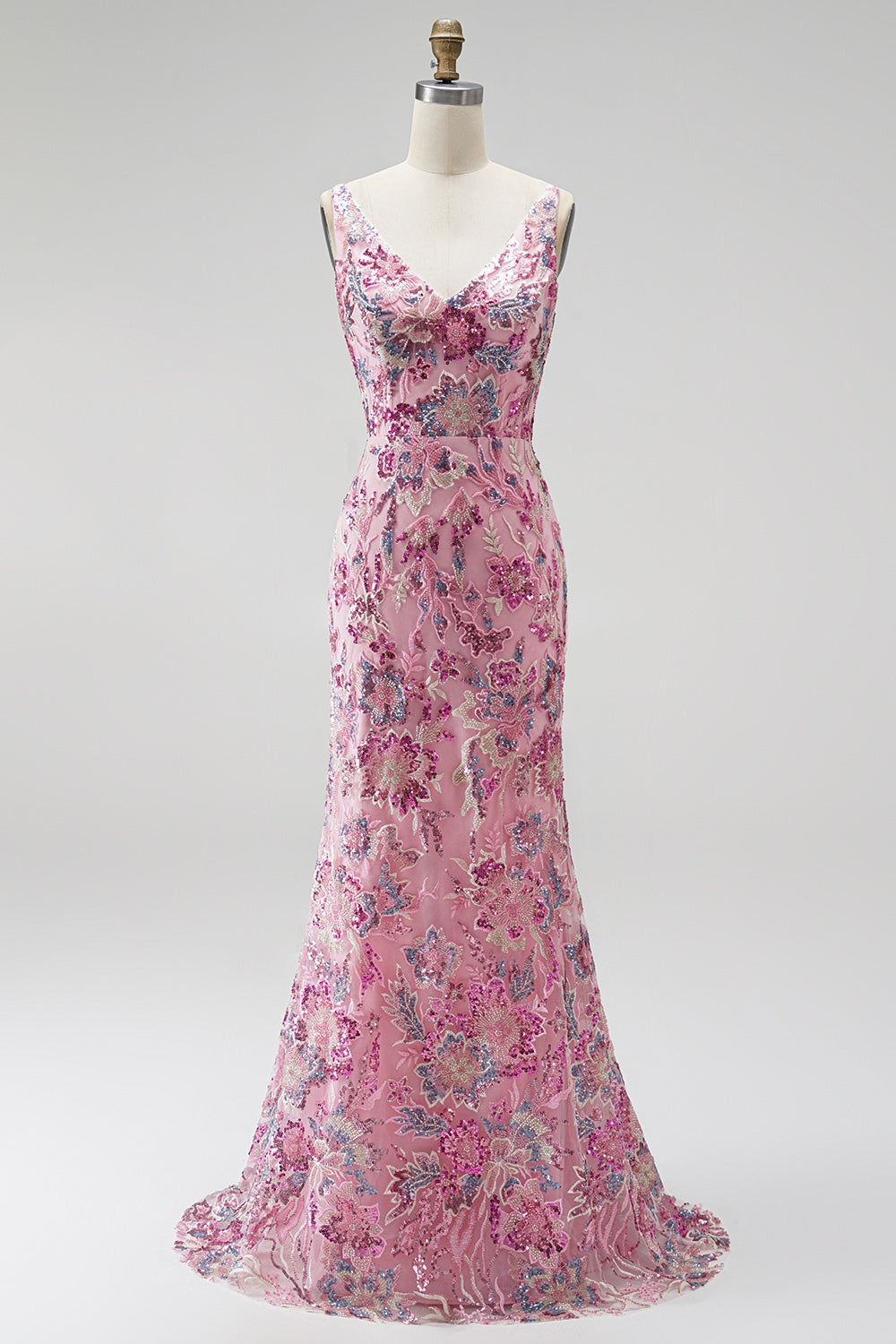 Sparkly Pink Mermaid V-Neck Floral Beaded Sequin Long Prom Dress