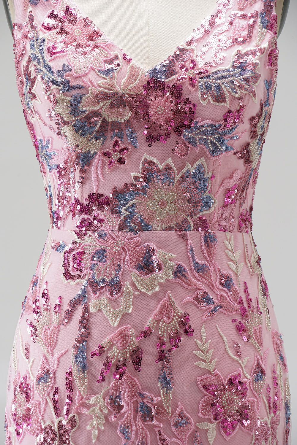 Sparkly Pink Mermaid V-Neck Floral Beaded Sequin Long Prom Dress