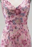 Sparkly Pink Mermaid V-Neck Floral Beaded Sequin Long Prom Dress