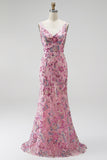 Sparkly Pink Mermaid V-Neck Floral Beaded Sequin Long Prom Dress