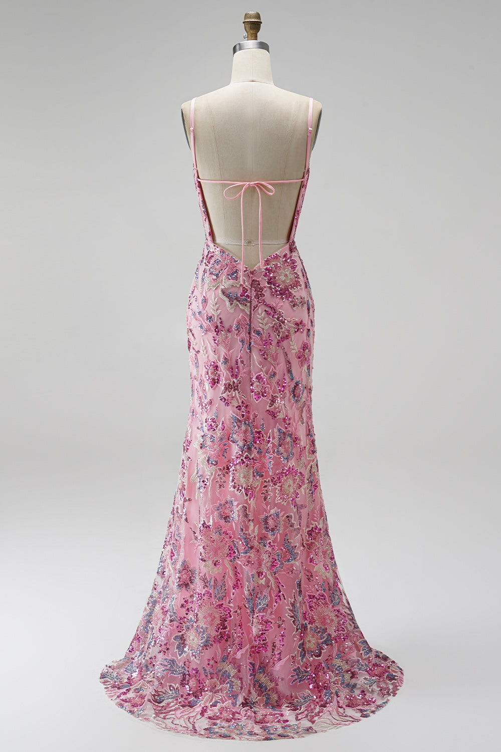 Sparkly Pink Mermaid V-Neck Floral Beaded Sequin Long Prom Dress