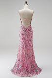 Sparkly Pink Mermaid V-Neck Floral Beaded Sequin Long Prom Dress