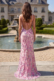 Sparkly Pink Mermaid V-Neck Floral Beaded Sequin Long Prom Dress