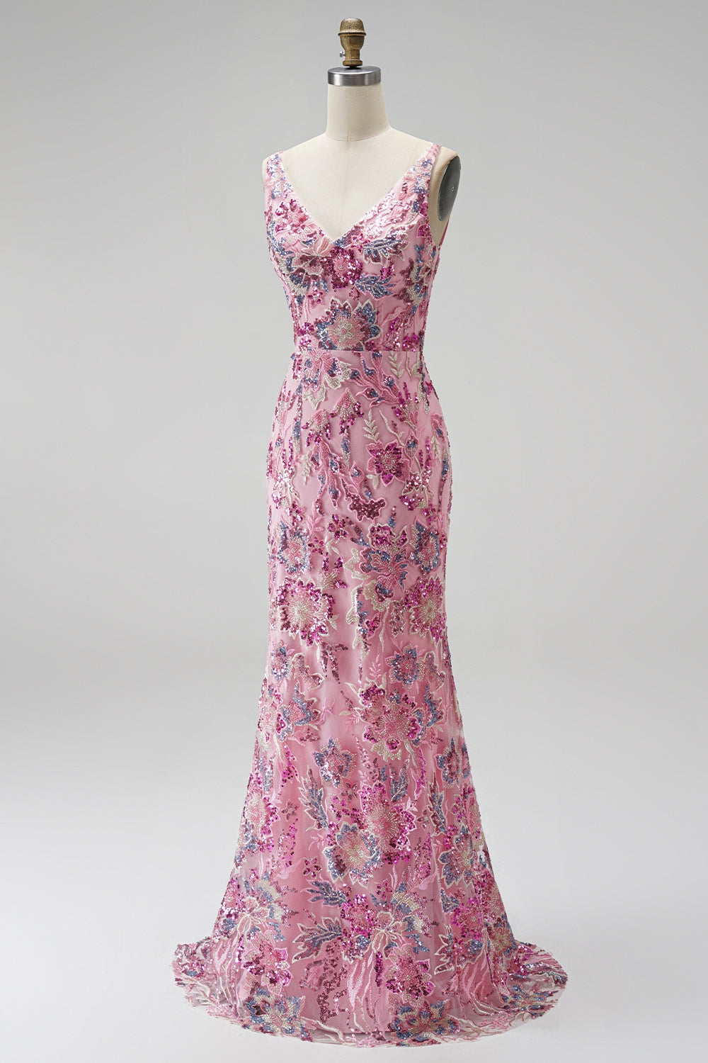 Sparkly Pink Mermaid V-Neck Floral Beaded Sequin Long Prom Dress
