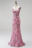 Sparkly Pink Mermaid V-Neck Floral Beaded Sequin Long Prom Dress