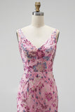 Sparkly Pink Mermaid V-Neck Floral Beaded Sequin Long Prom Dress