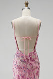 Sparkly Pink Mermaid V-Neck Floral Beaded Sequin Long Prom Dress