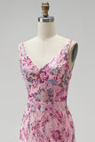 Sparkly Pink Mermaid V-Neck Floral Beaded Sequin Long Prom Dress