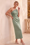 Sage Green Satin One Shoulder Sheath Ruched Maxi Wedding Guest Dress