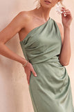 Sage Green Satin One Shoulder Sheath Ruched Maxi Wedding Guest Dress