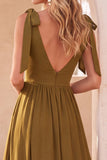 Olive A-Line Scoop Neck Long Wedding Guest Dress with Slit