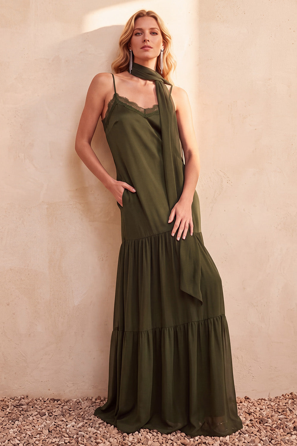 Olive Ruffled Chiffon V-Neck Long Wedding Guest Dress with Lace