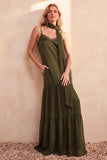 Olive Ruffled Chiffon V-Neck Long Wedding Guest Dress with Lace