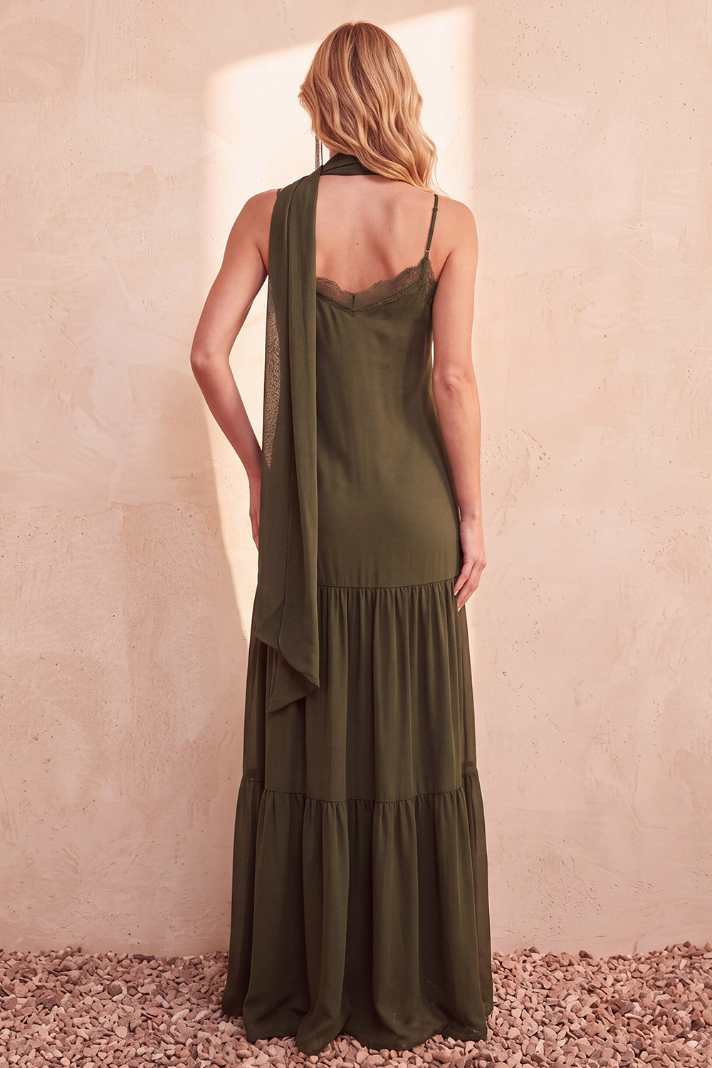 Olive Ruffled Chiffon V-Neck Long Wedding Guest Dress with Lace