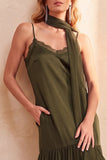 Olive Ruffled Chiffon V-Neck Long Wedding Guest Dress with Lace