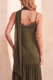 Olive Ruffled Chiffon V-Neck Long Wedding Guest Dress with Lace
