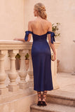 Navy Satin Off the Shoulder Midi Wedding Guest Dress with Bows