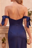 Navy Satin Off the Shoulder Midi Wedding Guest Dress with Bows