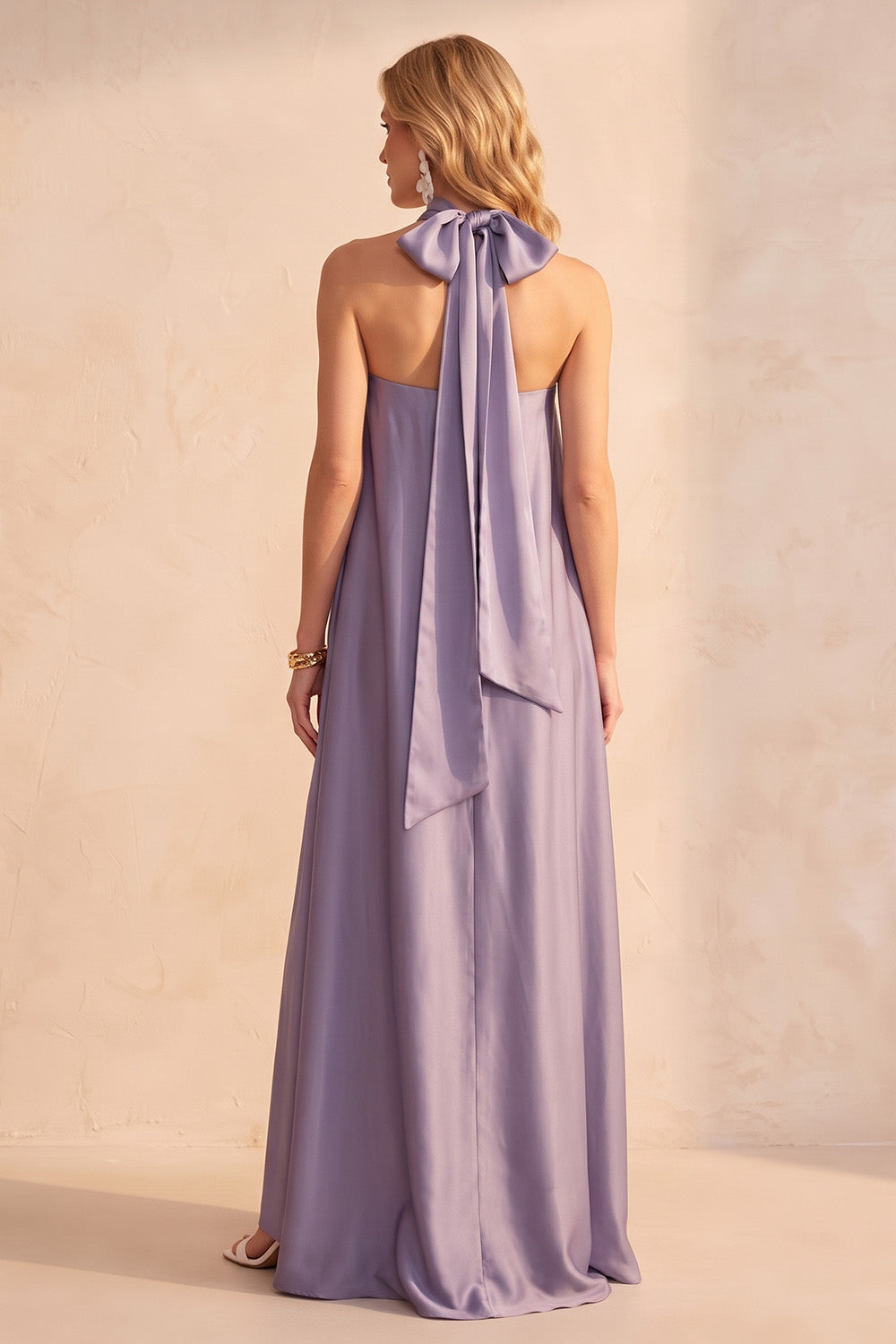 A-Line Strapless Light Purple Satin Long Wedding Guest Dress with Neck Scarf