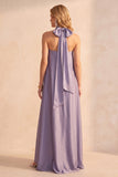 A-Line Strapless Light Purple Satin Long Wedding Guest Dress with Neck Scarf