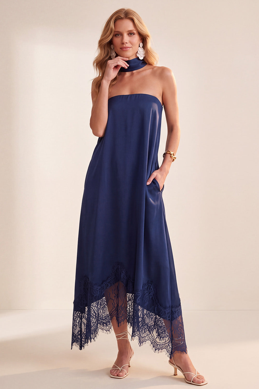 Navy Satin A-Line Strapless Maxi Wedding Guest Dress with Lace