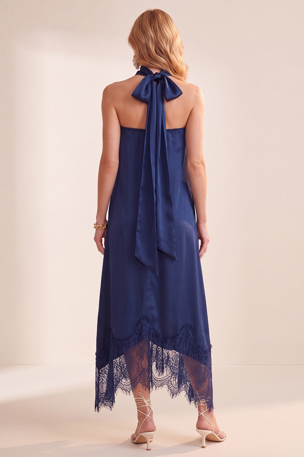 Navy Satin A-Line Strapless Maxi Wedding Guest Dress with Lace