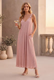 Dusty Rose Chiffon V-Neck Pleated Maxi Wedding Guest Dress with Pockets